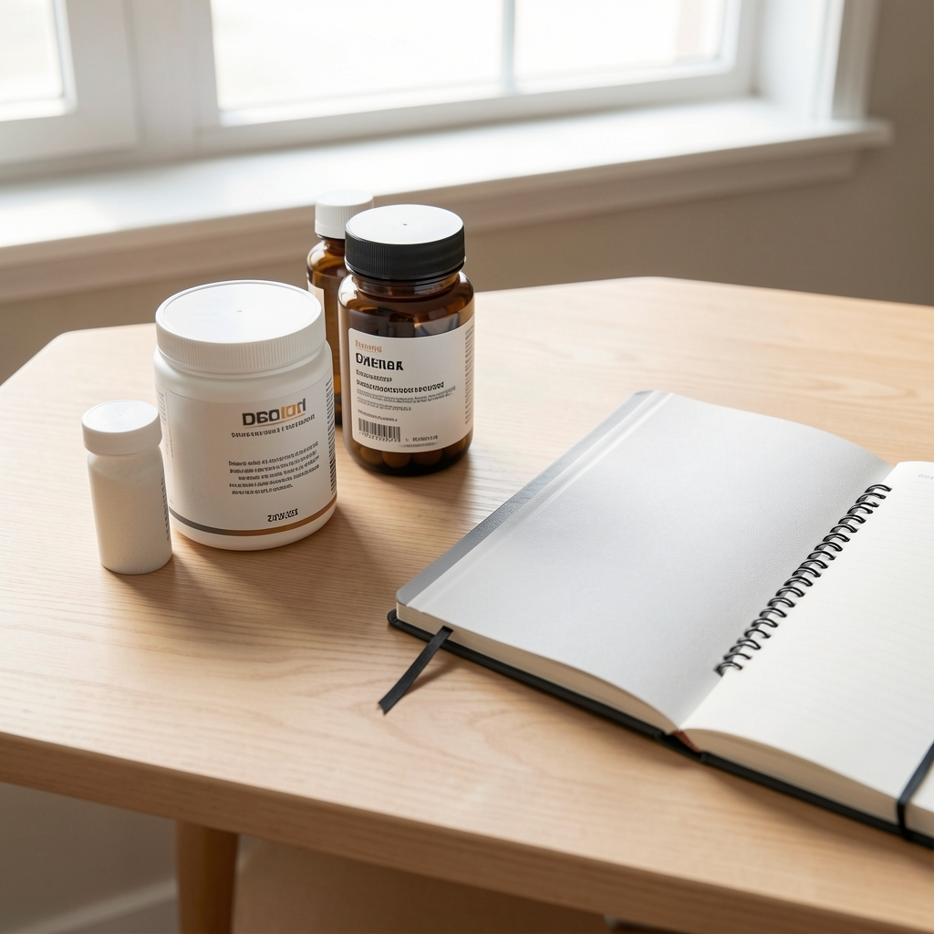Supplement containers and a journal on a clean wooden desk in natural light, editorial flat lay composition