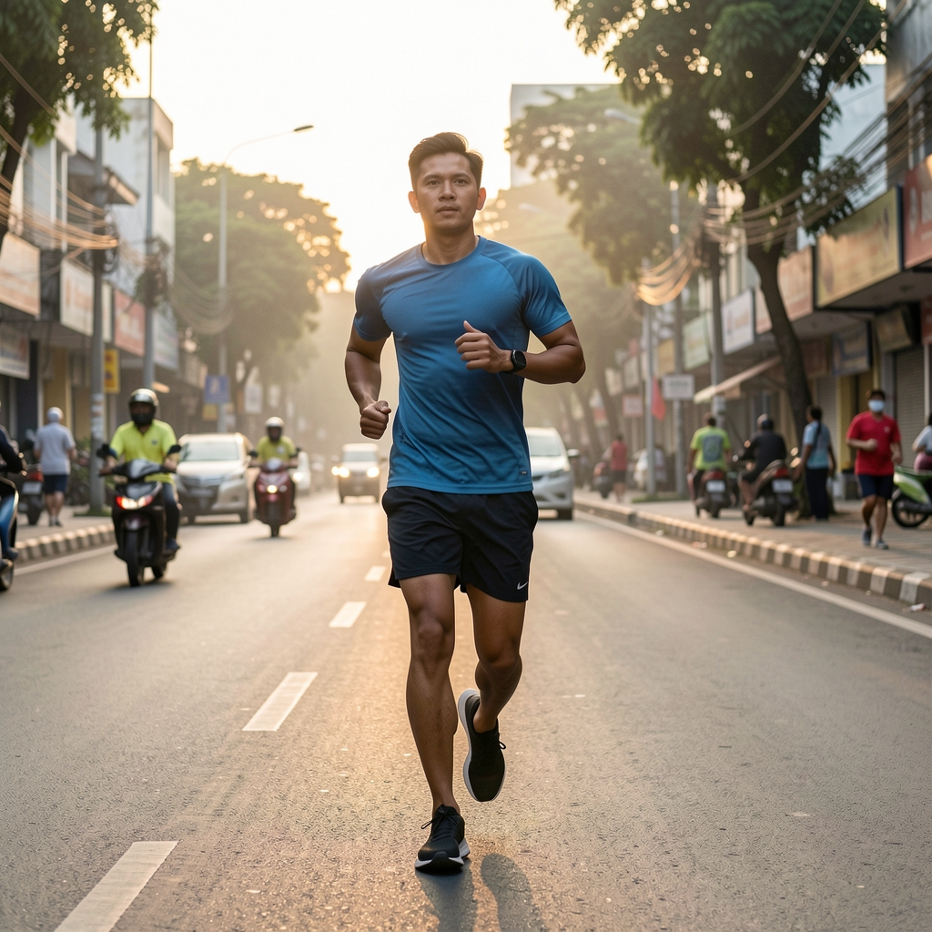 Morning run on an empty Jakarta street at early light, man in athletic wear, editorial composition